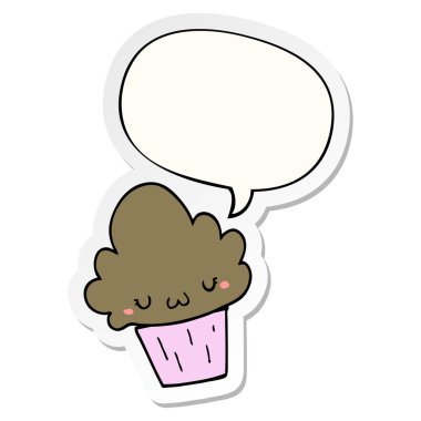 karikatür cupcake ve yüz ve konuşma kabarcık etiket