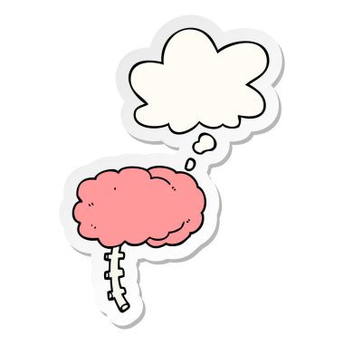 karikatür beyin ve baskılı bir etiket olarak kabarcık düşünce