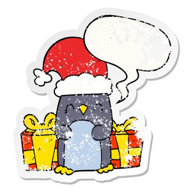 sevimli noel penguen ve konuşma balonu sıkıntılı etiket