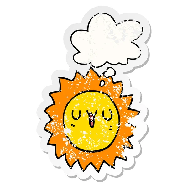 Cartoon zon en dacht Bubble als een verdrietig versleten sticker — Stockvector