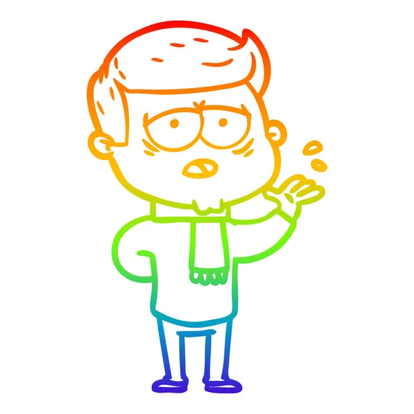 Regenboog gradiënt lijntekening cartoon vermoeide man — Stockvector