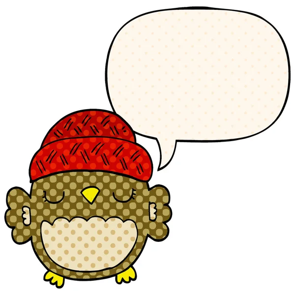可爱的卡通猫头鹰在帽子和演讲泡泡在漫画书的风格 — 图库矢量图片