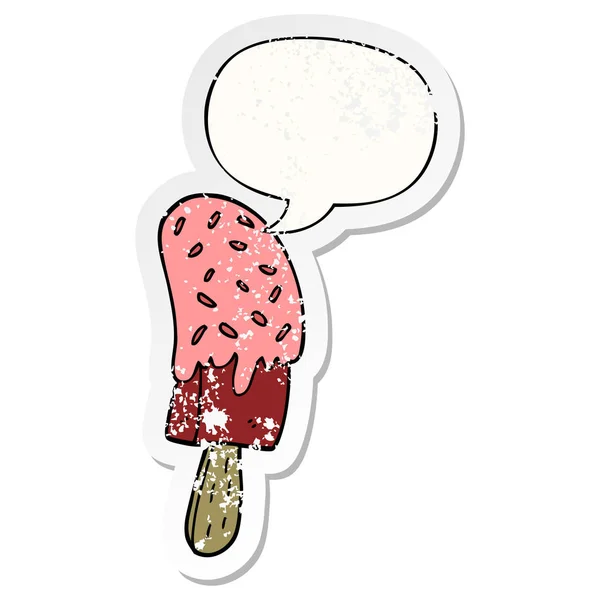 Cartoni animati gelato lecca lecca e adesivi bolla vocale angosciato — Vettoriale Stock
