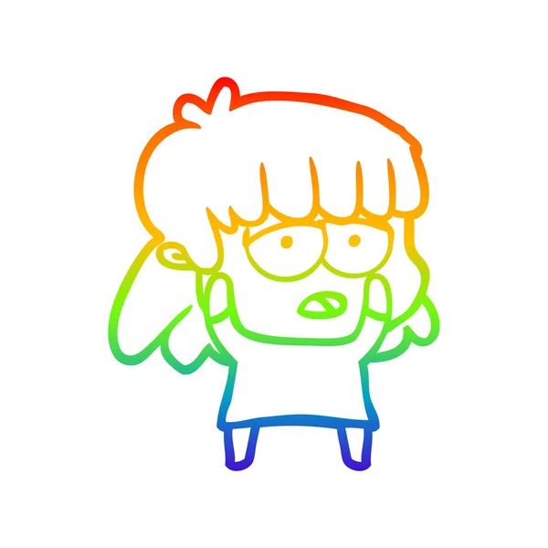 Regenboog gradiënt lijntekening cartoon vermoeide vrouw — Stockvector