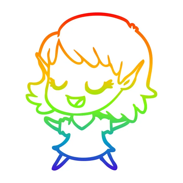 Arco-íris linha gradiente desenho feliz desenho animado elfo menina —  Vetores de Stock