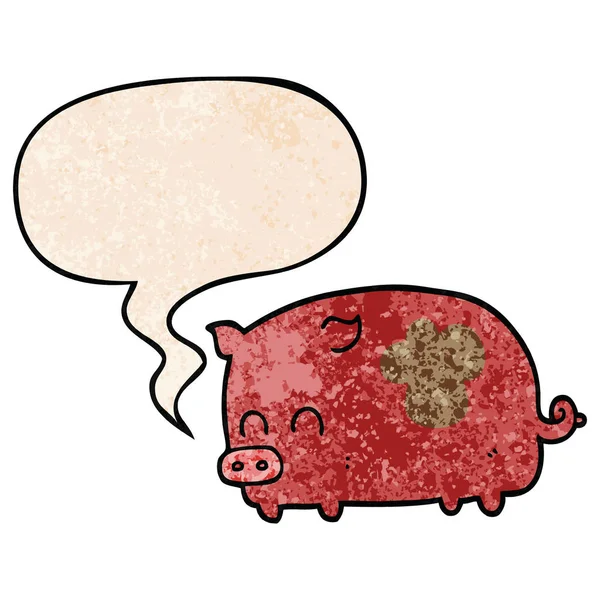 Mignon cochon de dessin animé et bulle de parole dans le style de texture rétro — Image vectorielle