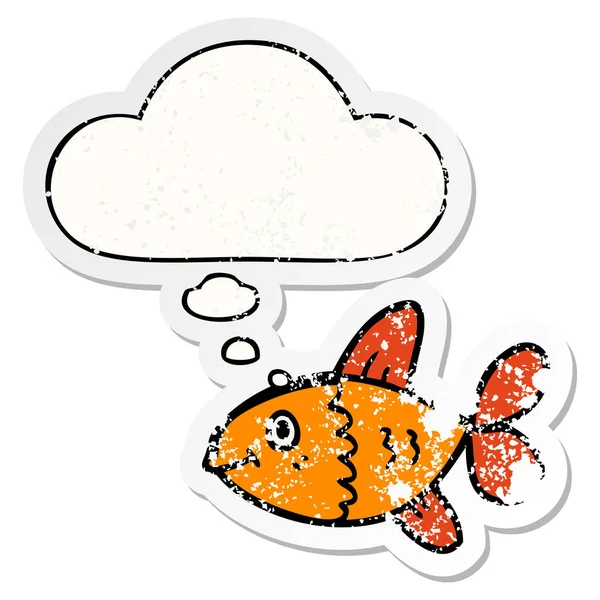 Cartoon fish and thought bubble as a distressed worn sticker — Stock Vector