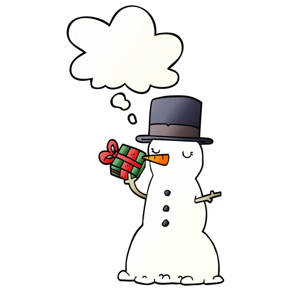 Bonhomme de neige dessin animé et bulle de pensée en style dégradé lisse — Image vectorielle