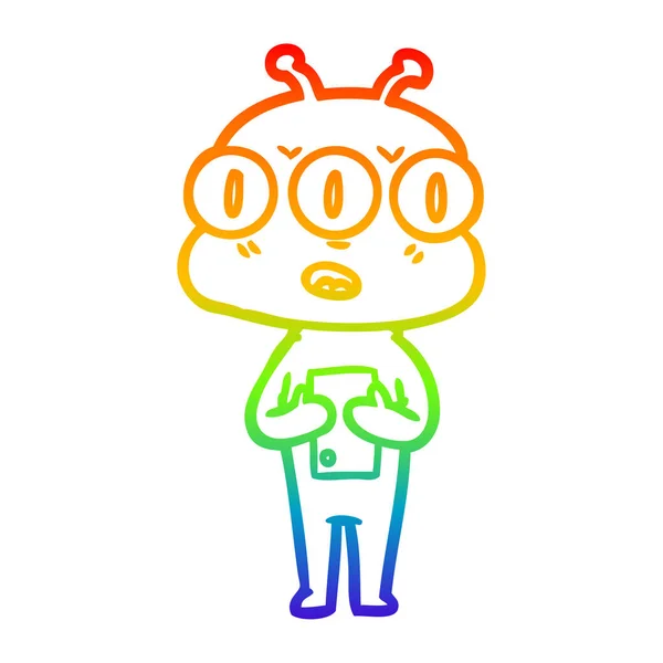 Rainbow gradient linje ritning Cartoon Three Eyed Alien — Stock vektor