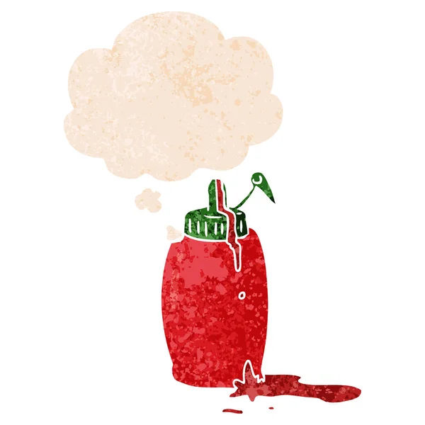 Bouteille de ketchup dessin animé et bulle de pensée en styl texturé rétro — Image vectorielle