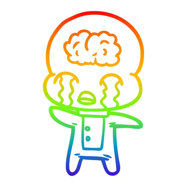 Rainbow gradient line drawing cartoon big brain alien crying — Stock Vector