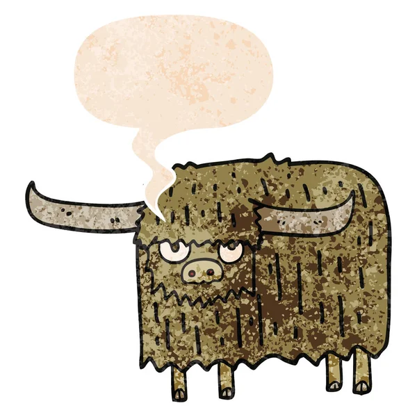 Karikatur haarige Kuh und Sprechblase im Retro-Stil — Stockvektor