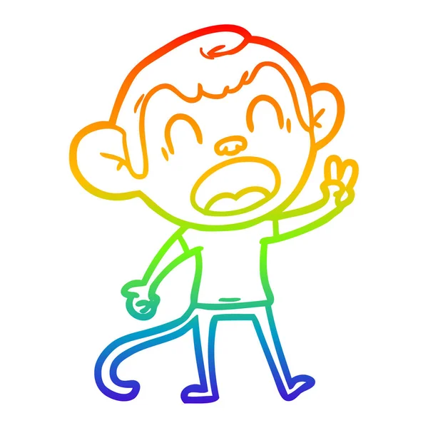 Rainbow gradient line drawing shouting cartoon monkey — Stock Vector