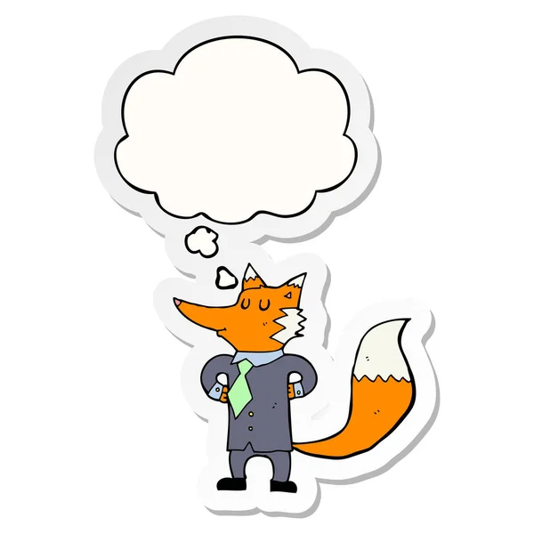 Cartoon Fox Geschäftsmann und Gedankenblase als Aufkleber — Stockvektor