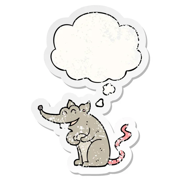 Tikus kartun dan berpikir gelembung sebagai stiker tertekan usang - Stok Vektor