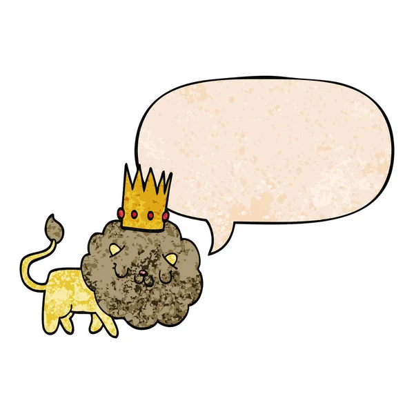 Καρτούν λιοντάρι και στέμμα και φούσκα ομιλίας σε ρετρό στυλ υφής — Διανυσματικό Αρχείο