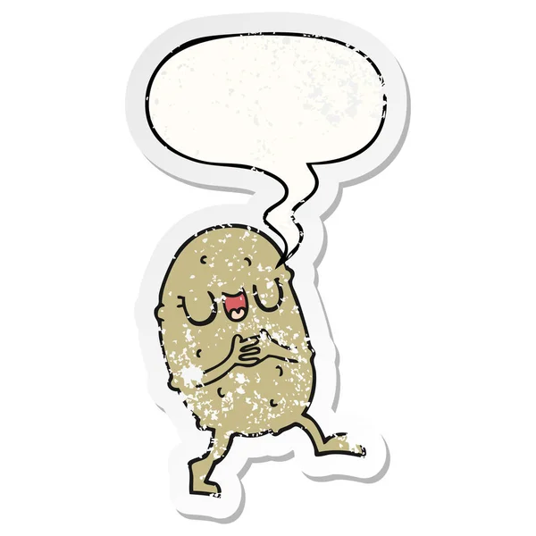Cartoon happy potato and speech bubble distressed sticker — Stock Vector