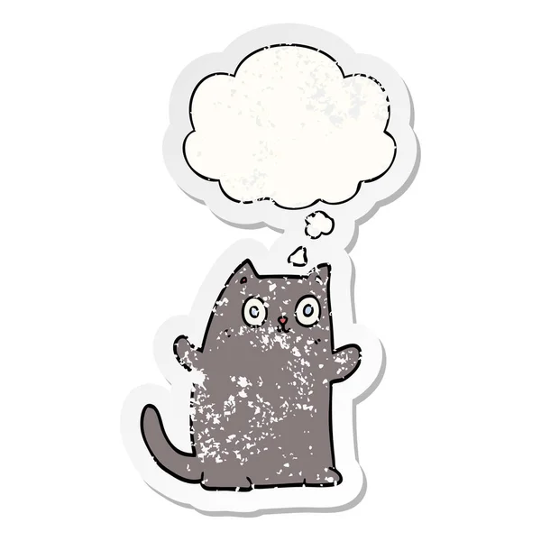 Kucing kartun dan berpikir gelembung sebagai stiker tertekan usang - Stok Vektor