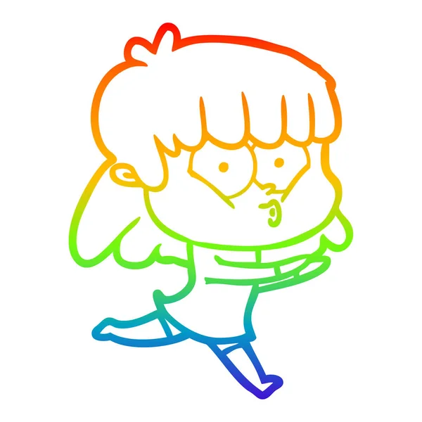 Regenbogen-Gradienten-Linie Zeichnung Karikatur pfeifendes Mädchen — Stockvektor