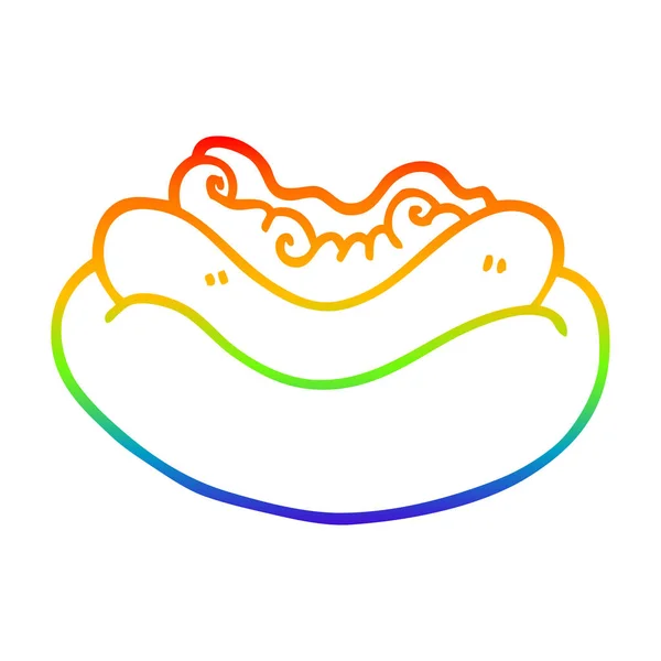 Arco-íris linha gradiente desenho dos desenhos animados hotdog em um pão — Vetor de Stock