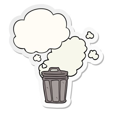 karikatür kokuşmuş çöp tenekesi ve baskılı bir sopa olarak kabarcık düşünce