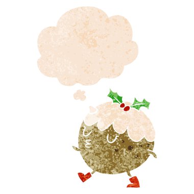 karikatür chrstmas puding yürüyüş ve retro tex düşünce balonu