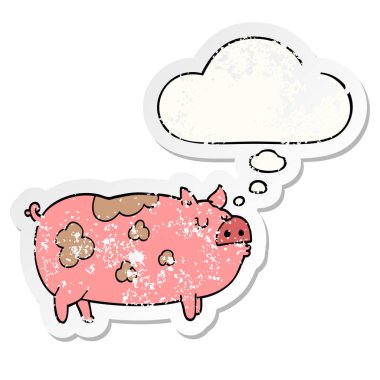 karikatür domuz ve sıkıntılı yıpranmış etiket olarak kabarcık düşünce