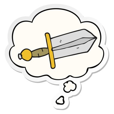 karikatür hançer ve baskılı bir etiket olarak kabarcık düşünce