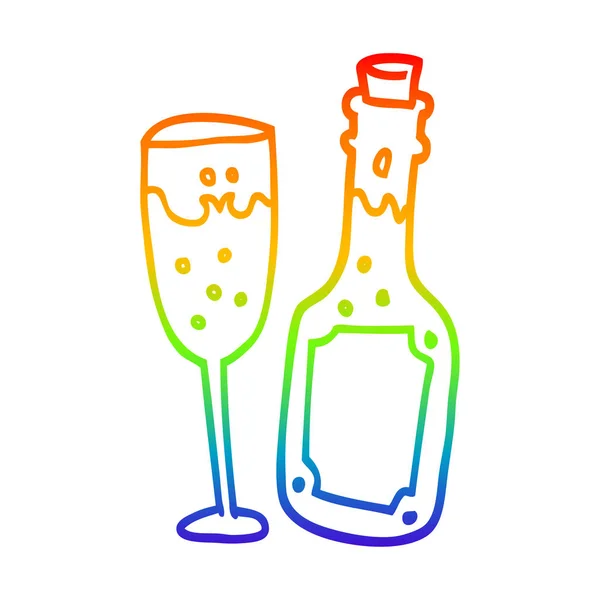 Rainbow gradient ligne dessin dessin animé bouteille de champagne et verre — Image vectorielle