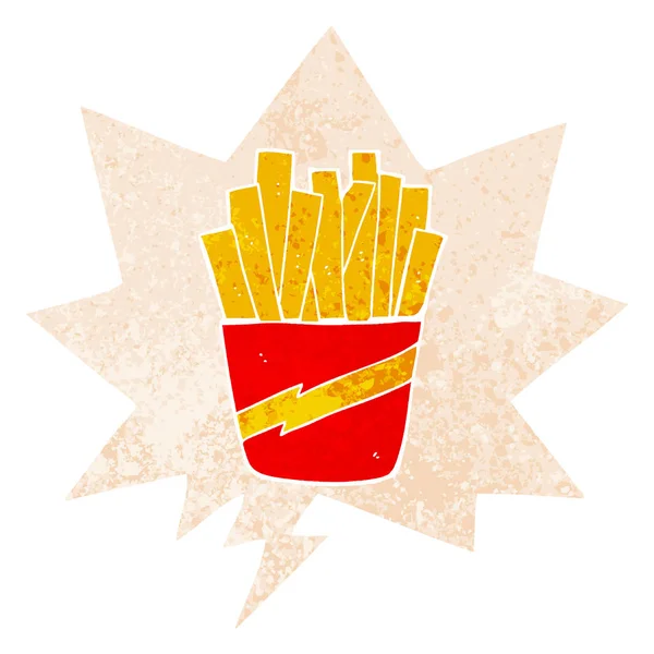 Caja de dibujos animados de papas fritas y burbuja del habla en estilo texturizado retro — Vector de stock