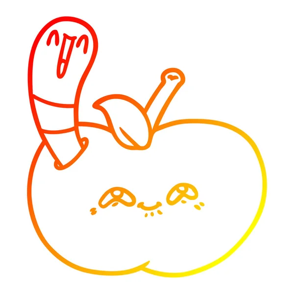 Warme Gradientenlinie Zeichnung Cartoon-Wurm in glücklichen Apfel — Stockvektor