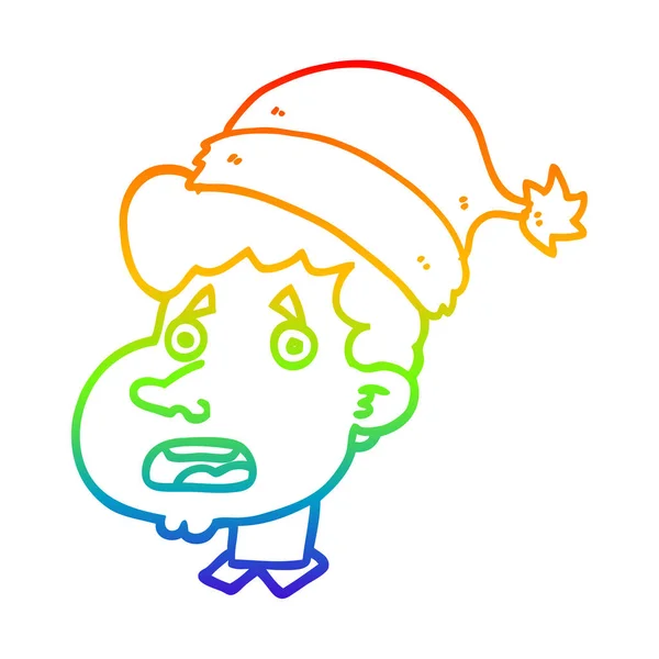 Rainbow gradient line drawing cartoon man wearing christmas hat — Stock Vector