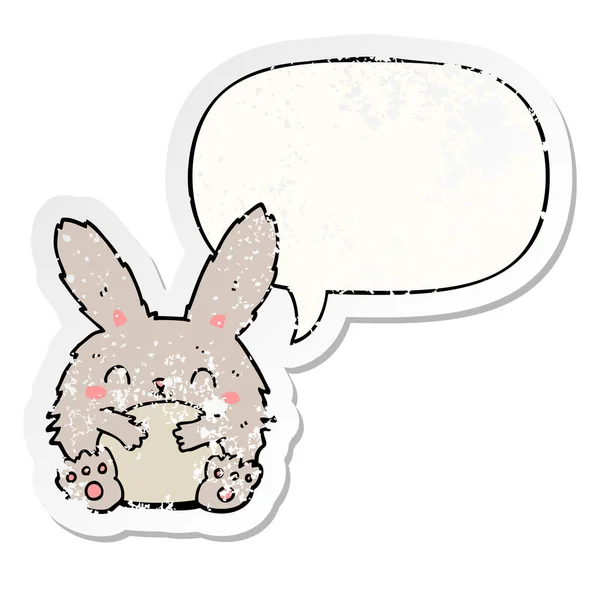 Cute cartoon rabbit and speech bubble distressed sticker — Stock Vector