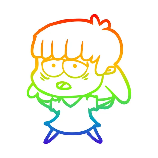 Regenboog gradiënt lijntekening cartoon vermoeide vrouw — Stockvector