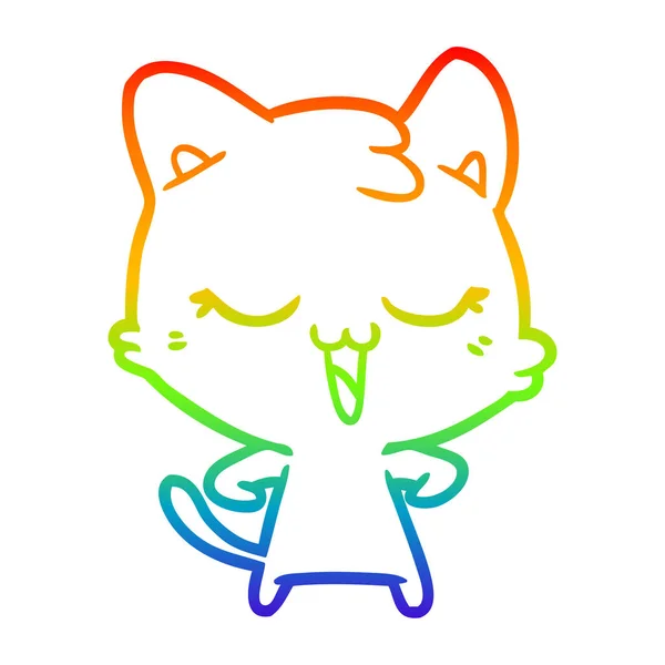 Regenbogen-Gradienten-Linie zeichnet glücklich Cartoon-Katze — Stockvektor