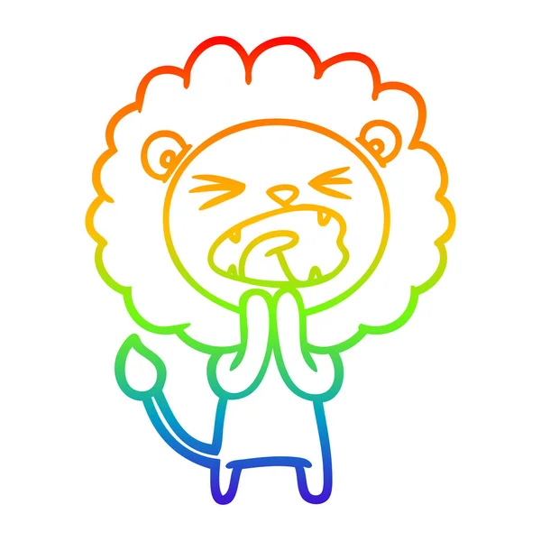 Rainbow gradient line drawing cartoon lion praying — Stock Vector