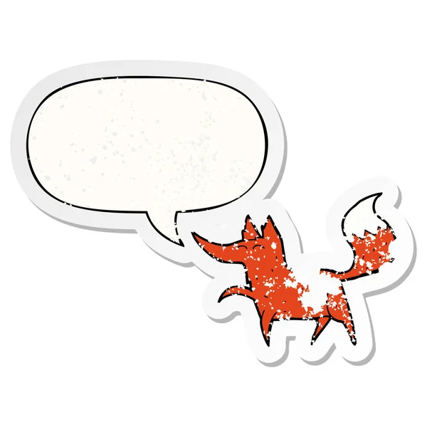 Cartoon fox and speech bubble distressed sticker — Stock Vector