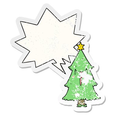 karikatür noel ağacı ve konuşma balonu sıkıntılı etiket