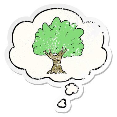 karikatür ağacı ve sıkıntılı yıpranmış etiket olarak kabarcık düşünce