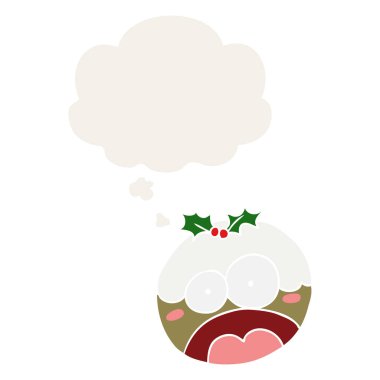 karikatür retro sty chrstmas puding ve düşünce balonu şok
