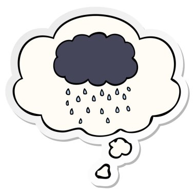 karikatür bulut yağmur ve basılı bir etiket olarak kabarcık düşünce
