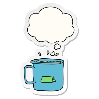 karikatür kamp kupa ve baskılı bir etiket olarak kabarcık düşünce