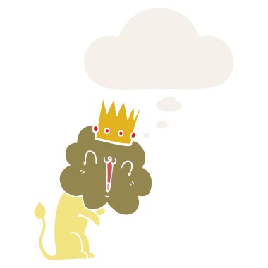 retro tarzında taç ve düşünce balonu ile karikatür aslan