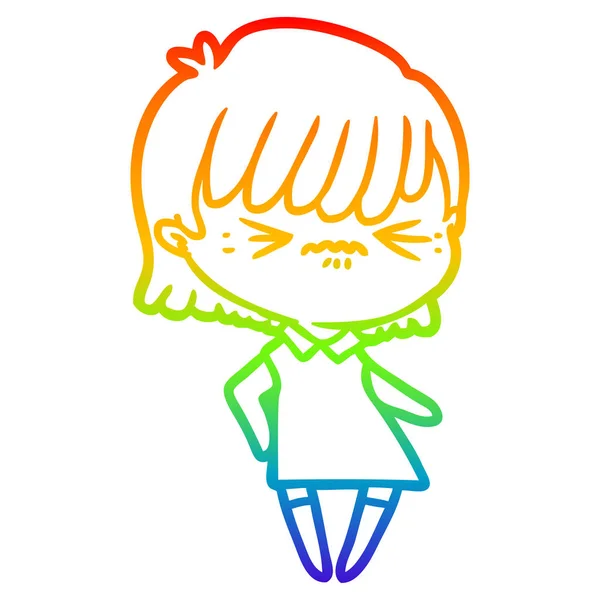 Rainbow gradient line drawing annoyed cartoon girl — Stock Vector
