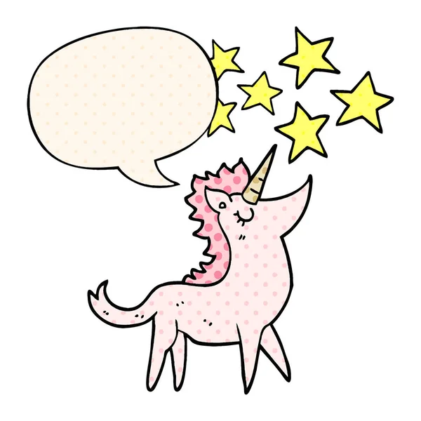 Unicornio de dibujos animados y burbuja del habla en estilo de cómic — Vector de stock