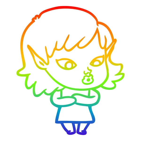 Rainbow gradient line drawing pretty cartoon elf girl — Stock Vector