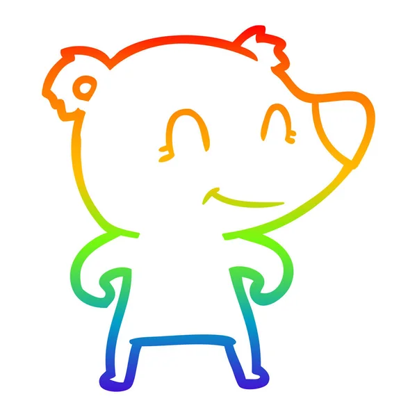 Rainbow gradient line drawing smiling bear cartoon — Stock Vector