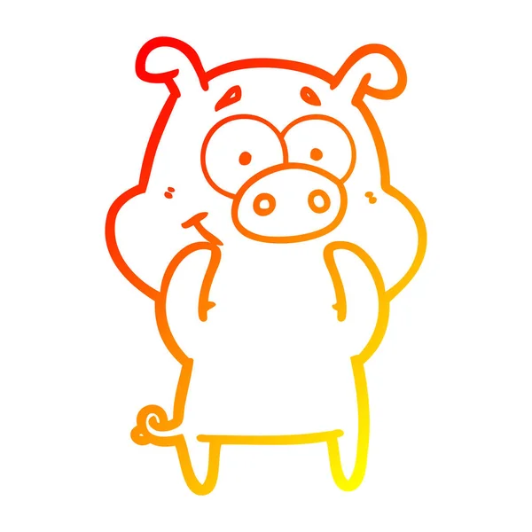 Línea de gradiente caliente dibujo feliz cerdo de dibujos animados — Vector de stock
