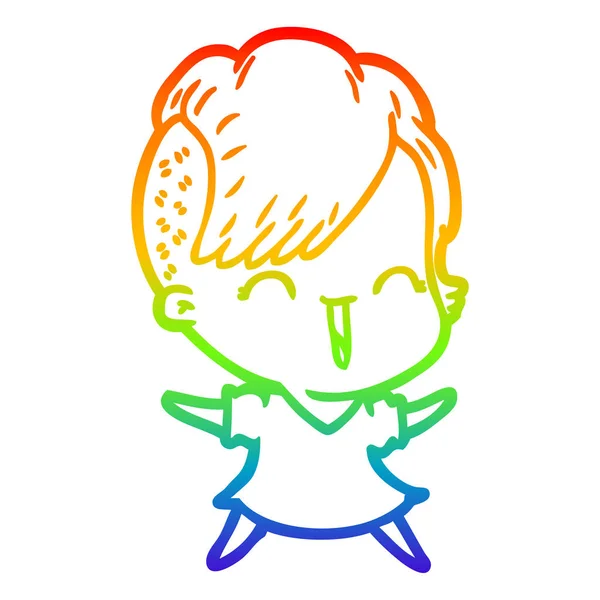 Rainbow gradien line drawing cartoon happy hipster girl - Stok Vektor