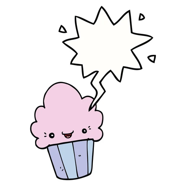 Cartoon cupcake en gezicht en spraak Bubble — Stockvector